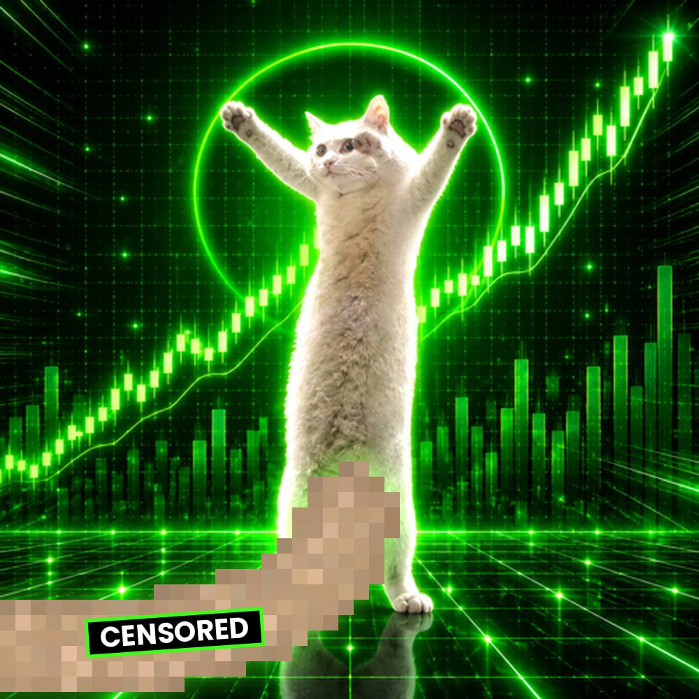 SHLOOONG CAT: a white cat with raised paws in front of a green chart, with a pixelated, censored bar